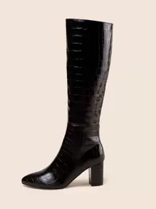 Women Crocodile Embossed Side Zipper Chunky Heeled Boots, Fashion Outdoor Boots Dress,Style With Dress