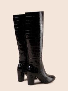 Women Crocodile Embossed Side Zipper Chunky Heeled Boots, Fashion Outdoor Boots Dress,Style With Dress
