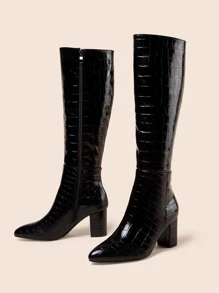 Women Crocodile Embossed Side Zipper Chunky Heeled Boots, Fashion Outdoor Boots Dress,Style With Dress