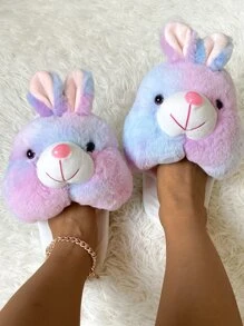 Zapatillas de peluche de tie dye con diseño de conejo de dibujos animados mullido - Multicolor - Ver 1