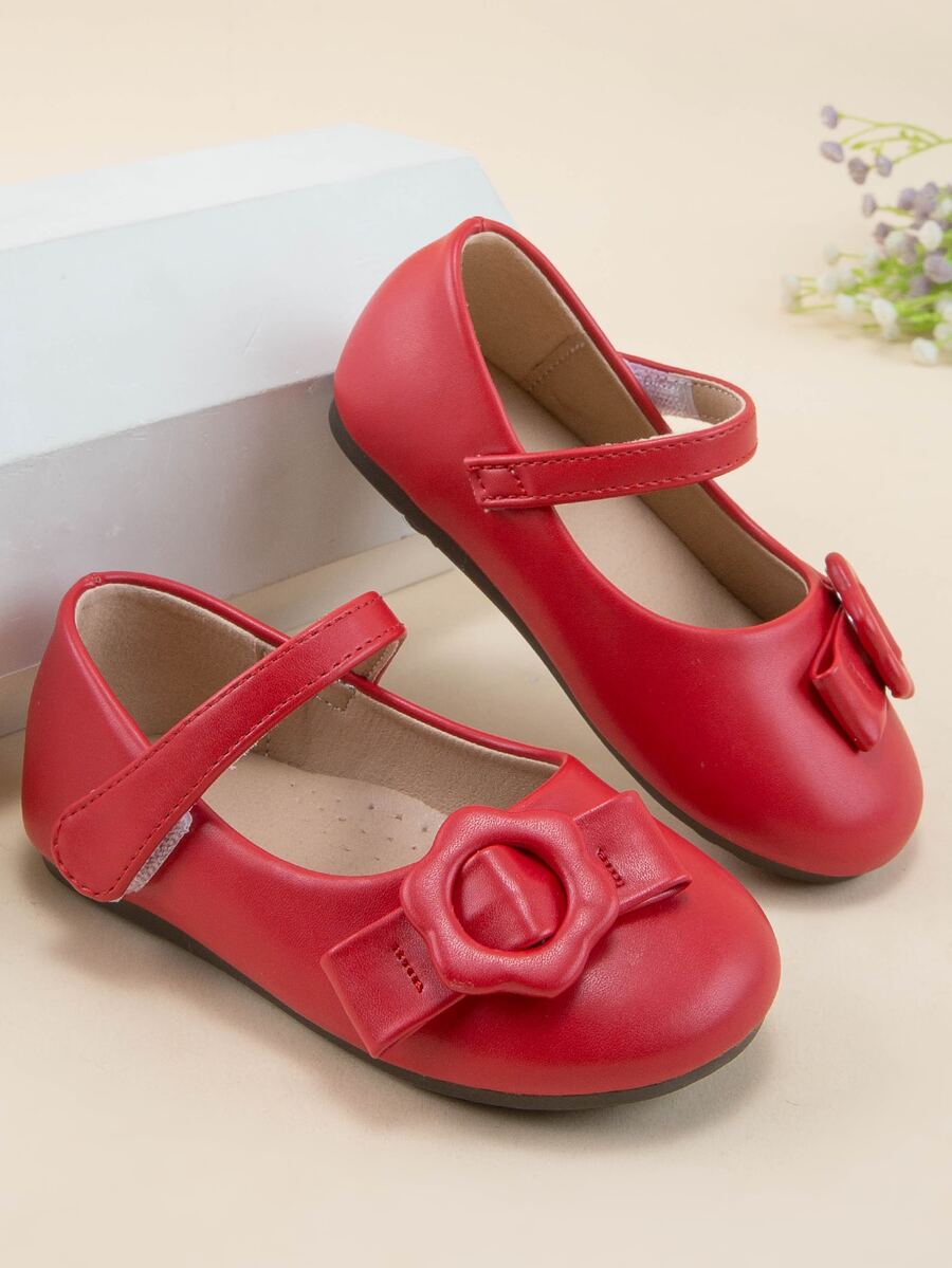 Girls Bow Decor Mary Jane Flats - Red - View 1
