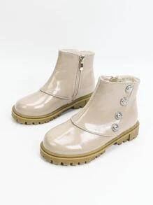 Girls Button Decor Side Zip Thermal Lined Combat Boots - Pink - View 2