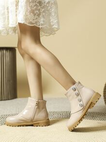 Girls Button Decor Side Zip Thermal Lined Combat Boots - Pink - View 5