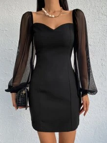 EURMUSE Sweetheart Neck Contrast Mesh Lantern Sleeve Bodycon Dress - Black - View 3