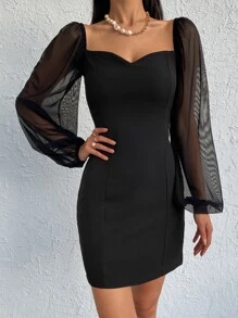 EURMUSE Sweetheart Neck Contrast Mesh Lantern Sleeve Bodycon Dress - Black - View 4