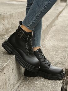 Buckle Decor Thermal Lined Lace-up Front Zipper Side Combat Boots - Black - View 2