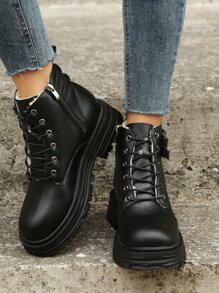 Buckle Decor Thermal Lined Lace-up Front Zipper Side Combat Boots - Black - View 3