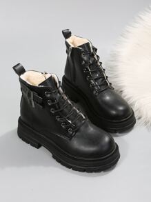 Buckle Decor Thermal Lined Lace-up Front Zipper Side Combat Boots - Black - View 4