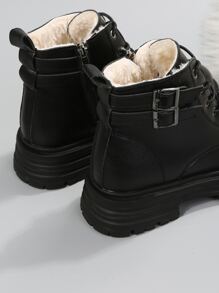 Buckle Decor Thermal Lined Lace-up Front Zipper Side Combat Boots - Black - View 5