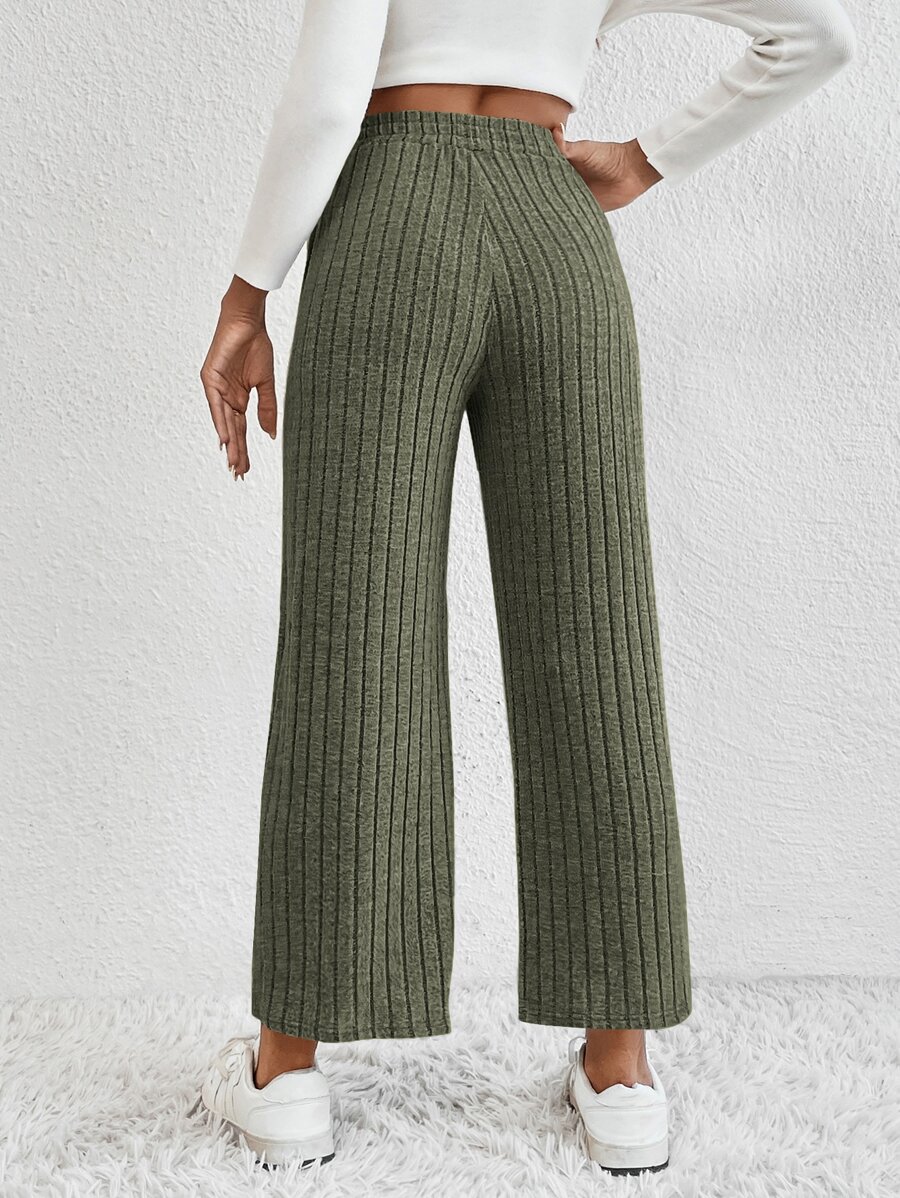 SHEIN EZwear Quần nữ Gân đan màu trơn Giải trí - Màu xanh lá cây đậm - Xem 1