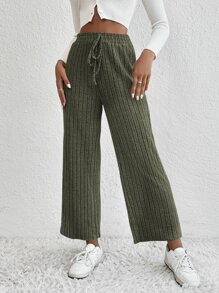 SHEIN EZwear Quần nữ Gân đan màu trơn Giải trí - Màu xanh lá cây đậm - Xem 2