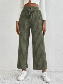 SHEIN EZwear Quần nữ Gân đan màu trơn Giải trí - Màu xanh lá cây đậm - Xem 4