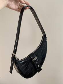 鱷魚壓紋搭扣裝飾流浪包 - 黑色 - 查看 1