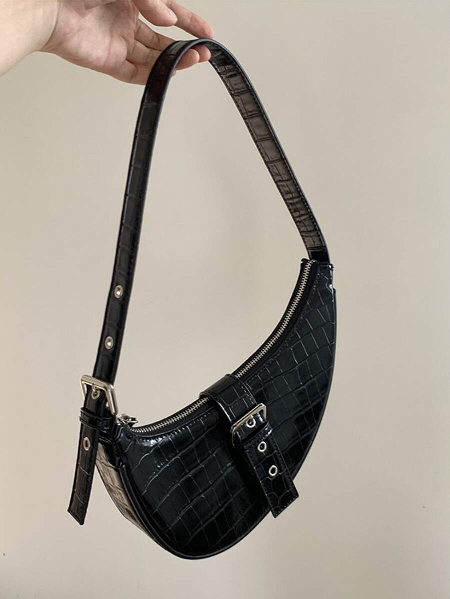 鱷魚壓紋搭扣裝飾流浪包 - 黑色 - 查看 1
