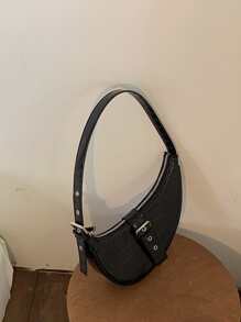 鱷魚壓紋搭扣裝飾流浪包 - 黑色 - 查看 3