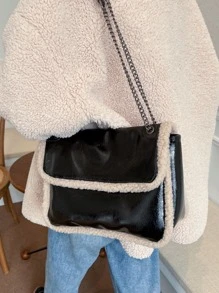 毛絨柔軟毛絨大容量撞色毛絨單肩包適合女生女大學生菜鳥白領上班辦公通勤秋冬暖冬戶外 - 黑色 - 查看 2