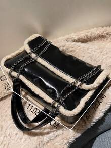 毛絨柔軟毛絨大容量撞色毛絨單肩包適合女生女大學生菜鳥白領上班辦公通勤秋冬暖冬戶外 - 黑色 - 查看 5