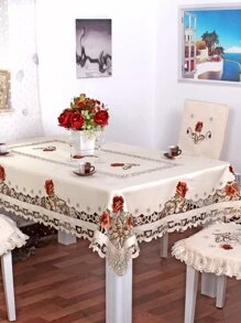 1pc Peony Flower Table Cloth, Nordic Countryside Style Beige Polyester Jacquard Fabric Cutout Embroidered Tablecloth Suitable For Bedroom, Living Room, Dining Table, Coffee Table, Side Table - 彩色 - 查看 1