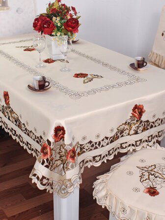 1 Mantel De Flores De Peonía, Estilo De Campo Nórdico, Tela Jacquard De Poliéster Beige, Mantel Bordado Con Recortes, Adecuado Para Dormitorio, Sala De Estar, Mesa De Comedor, Mesa De Centro, Mesa Auxiliar