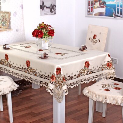 1 Mantel De Flores De Peonía, Estilo De Campo Nórdico, Tela Jacquard De Poliéster Beige, Mantel Bordado Con Recortes, Adecuado Para Dormitorio, Sala De Estar, Mesa De Comedor, Mesa De Centro, Mesa Auxiliar