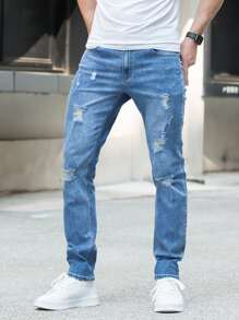 Jeans ajustados con bolsillos desgarrados y cremallera para hombre - Azul lavado medio - Ver 1