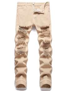 Quần Jeans Skinny Rách Rách Cho Nam - Màu Khaki - Xem 1