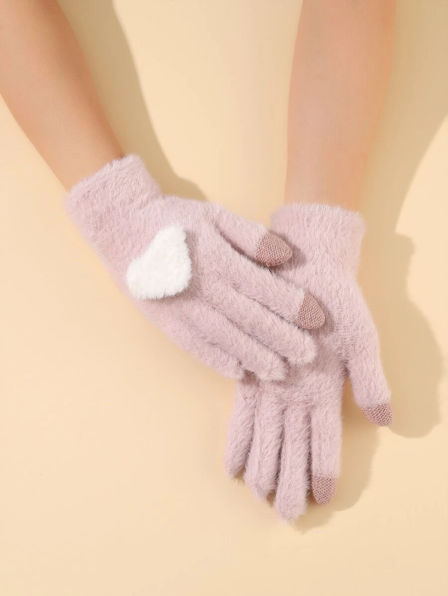 Fuzzy Heart Decor Gloves - Pink - View 1