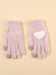 Fuzzy Heart Decor Gloves - Pink - View 2