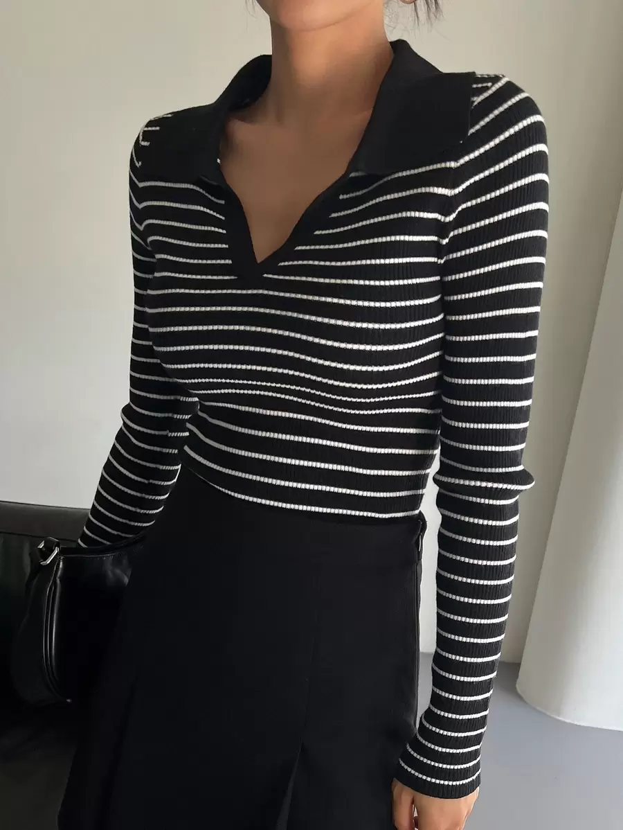 DAZY Striped Pattern Jumper - Black and White - View 1