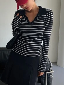 DAZY Striped Pattern Jumper - Black and White - View 2