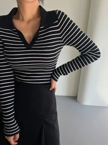 DAZY Striped Pattern Jumper - Black and White - View 8