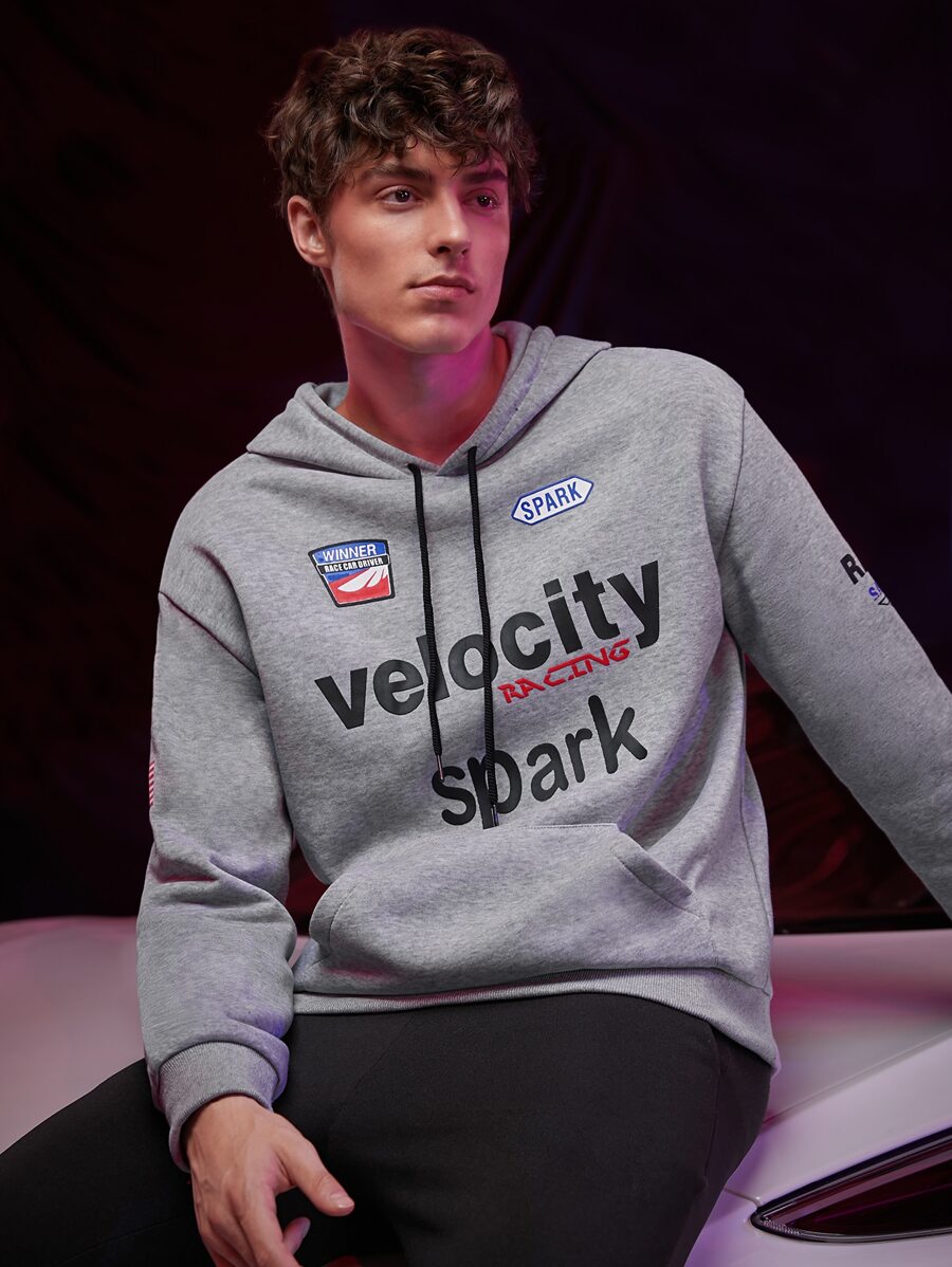 ROMWE MEN Guys Letter Graphic Kangaroo Pocket Drawstring Hoodie - Grey - View 1