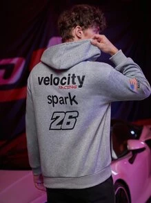 ROMWE MEN Guys Letter Graphic Kangaroo Pocket Drawstring Hoodie - Grey - View 2