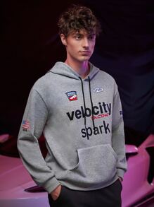 ROMWE MEN Guys Letter Graphic Kangaroo Pocket Drawstring Hoodie - Grey - View 3