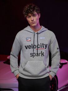 ROMWE MEN Guys Letter Graphic Kangaroo Pocket Drawstring Hoodie - Grey - View 4