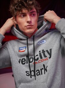 ROMWE MEN Guys Letter Graphic Kangaroo Pocket Drawstring Hoodie - Grey - View 6