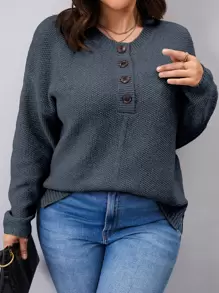 Calvaya Plus Drop Shoulder Half Button Jumper - Dusty Blue - View 1