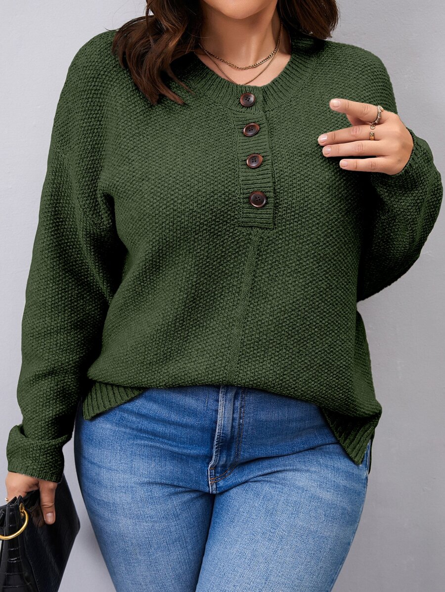 Calvaya Plus Drop Shoulder Half Button Sweater Knit Pullover Fall Winter Autumn Sweater - Dark Green - View 1