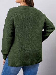 Calvaya Plus Drop Shoulder Half Button Sweater Knit Pullover Fall Winter Autumn Sweater - Dark Green - View 2
