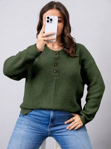 Calvaya Plus Drop Shoulder Half Button Sweater Knit Pullover Fall Winter Autumn Sweater - Dark Green - View 4
