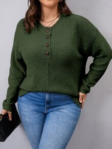 Calvaya Plus Drop Shoulder Half Button Sweater Knit Pullover Fall Winter Autumn Sweater - Dark Green - View 5