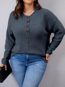 Calvaya Plus Drop Shoulder Half Button Jumper - Dusty Blue - View 5