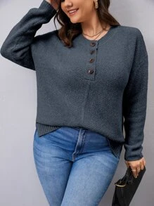 Calvaya Plus Drop Shoulder Half Button Jumper - Dusty Blue - View 6