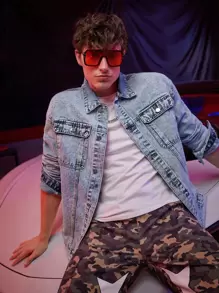 ROMWE MEN Guys Flap Pocket Denim Jacket - Light Wash - View 1