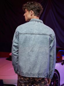 ROMWE MEN Guys Flap Pocket Denim Jacket - Light Wash - View 2