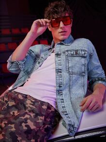 ROMWE MEN Guys Flap Pocket Denim Jacket - Light Wash - View 4