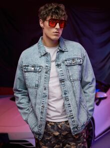 ROMWE MEN Guys Flap Pocket Denim Jacket - Light Wash - View 5