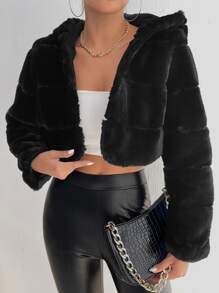 SHEIN PETITE Open Front Crop Hooded Fuzzy Coat - Black - View 4