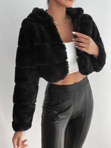 SHEIN PETITE Open Front Crop Hooded Fuzzy Coat - Black - View 5