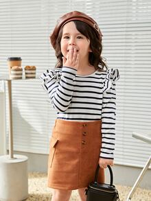 SHEIN Toddler Girls Striped Ruffle Trim Button Back Tee - White - View 2